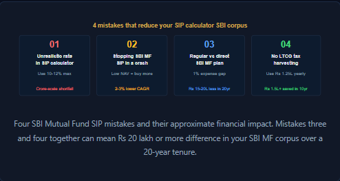 Four SBI Mutual Fund SIP mistakes and their approximate financial impact. Mistakes three and four together can mean Rs 20 lakh or more difference in your SBI MF corpus over a 20-year tenure.