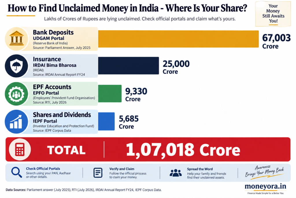How to find unclaimed money in India 2026 - 1 lakh crore breakdown across 4 portals UDGAM EPFO IRDAI IEPF showing amounts per asset type Over 1 lakh crore in unclaimed money in India is spread across 4 official portals. UDGAM holds 67,003 crore, IRDAI Bima Bharosa holds 25,000 crore, EPFO holds 9,330 crore, and IEPF holds 5,685 crore.