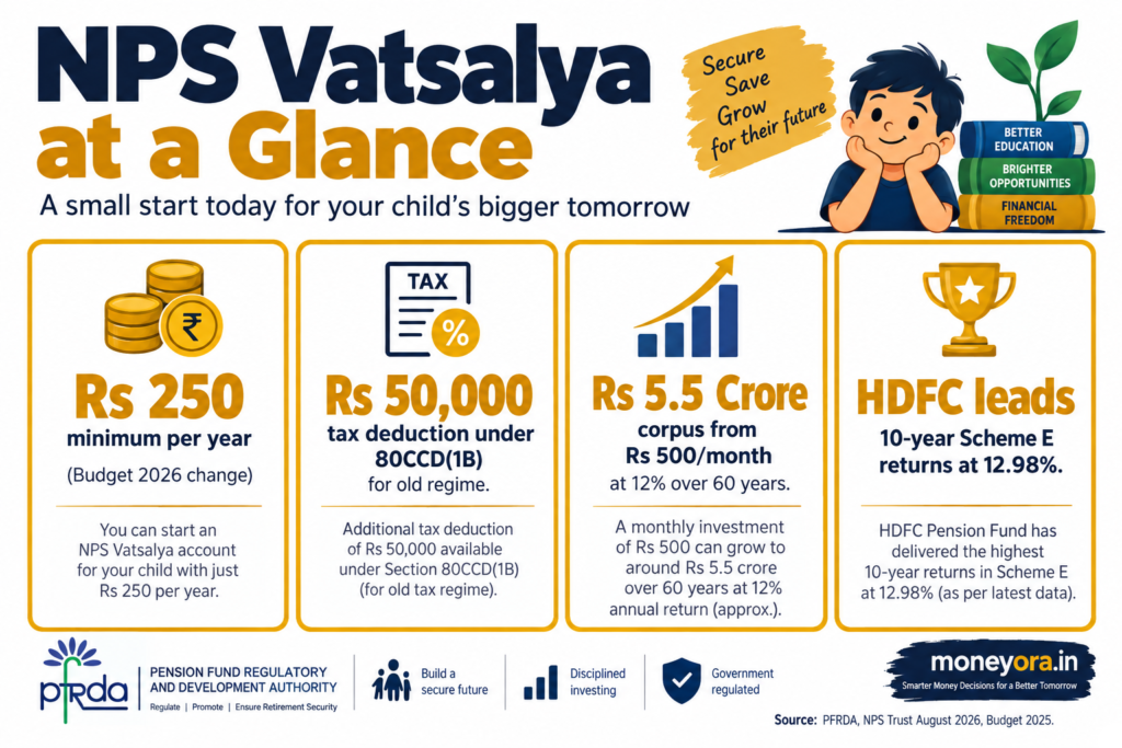 NPS Vatsalya 2026 complete guide showing Rs 250 minimum contribution, tax benefits Section 80CCD 1B Rs 50000 deduction and corpus calculator for Indian parents NPS Vatsalya starts at Rs 250 per year. A parent investing in NPS Vatsalya 2026 with Rs 500 per month from birth can build a Rs 5.5 crore corpus by the time the child turns 60, assuming 12 percent annualised returns.