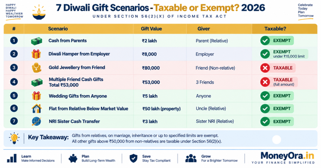 Gift tax in India 2026 seven Diwali gift scenarios showing taxable vs exempt with amounts and rules applied