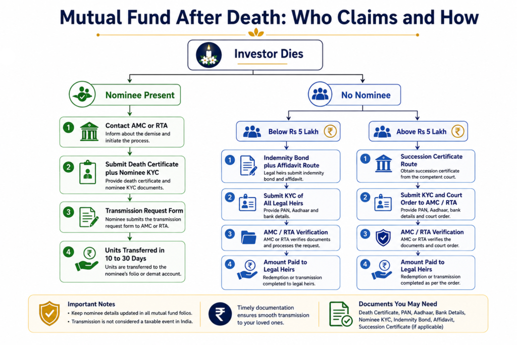 Flowchart showing mutual fund after death claim process for nominee and legal heir in India
