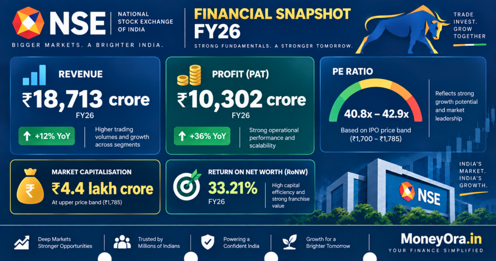 NSE IPO 2026 financials showing FY26 revenue Rs 18713 crore net profit Rs 10302 crore PE ratio 40.8x to 42.9x market cap Rs 4.4 lakh crore