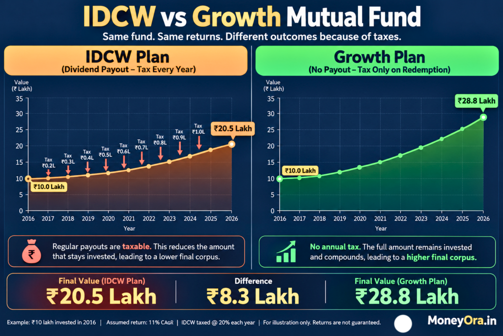 IDCW vs growth plan mutual fund 2026 wealth comparison chart showing Rs 8.3 lakh difference over 10 years for a 30 percent tax bracket investor