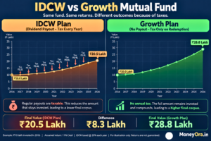 IDCW vs growth plan mutual fund 2026 wealth comparison chart showing Rs 8.3 lakh difference over 10 years for a 30 percent tax bracket investor