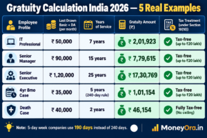 Gratuity calculation India 2026 worked examples showing five scenarios with different salaries and tenures including the 4 year 8 month case and a death case